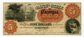 1862 $5 The Bank Of The State Of Georgia Note (savannah Branch) - Civil War Era