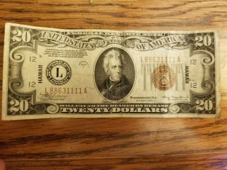 1934 A $20 Federal Reserve Note - Hawaii - Emergency Issue - Brown Seal