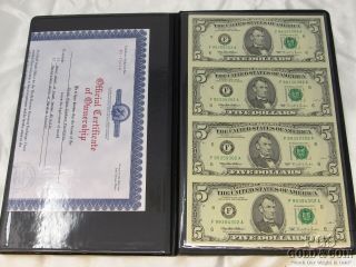 1995 $5 Uncut Sheet Of 4 Federal Reserve Notes World Reserve Exchange 14141