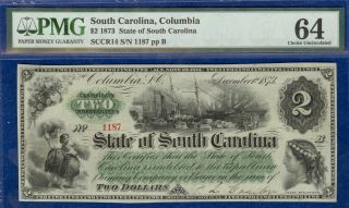 1873 $2 State Of South Carolina,  Columbia Banknote Pmg 64 Choice Uncirculated