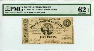 1863 Confederate State Of North Carolina 5 Cents Pmg Uncirculated 62 Epq