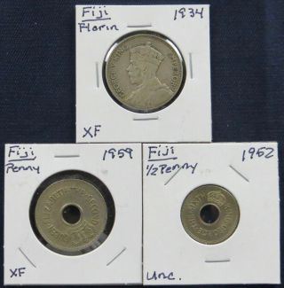 3 Coins From Fiji:1934 Florin,  1952 Half Penny,  1959 Penny,  Silver & Cu - Ni Coins