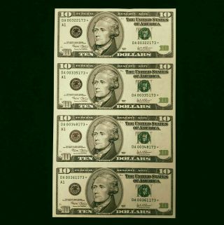 2003 Us $10 Ten Dollar Uncut Sheet Of 4 Federal Reserve Star Notes Hst101173