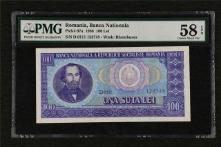 1966 Romania Banca Nationala 100 Lei Pick 97a Pmg 58 Epq Choice About Unc