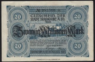 1923 20 Million Mark Frankfurt Germany Old Vintage Emergency Money Banknote Xf