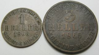 Hesse Cassel (german State) 1,  3 Heller 1865/1866 - Copper - 2 Coins.  - 92