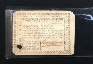 1780 North Carolina Colonial Currency Twenty Five Dollar Note