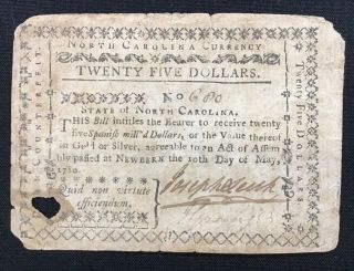 1780 North Carolina Colonial Currency Twenty Five Dollar Note 2