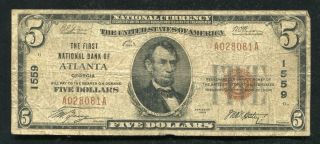1929 $5 The First National Bank Of Atlanta,  Ga National Currency Ch.  1559