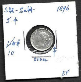 1896 Straits Settlements Silver 5 Cent Coin - Book Value $60