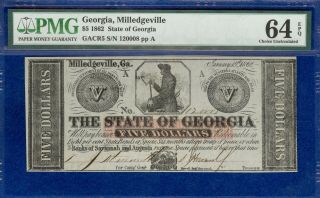 1862 $5 State Of Georgia,  Milledgeville Banknote Pmg 64 Choice Uncirculated Epq