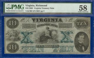 1862 $10 Richmond,  Virginia Treasury Note Pmg 58 Choice About Uncirculated