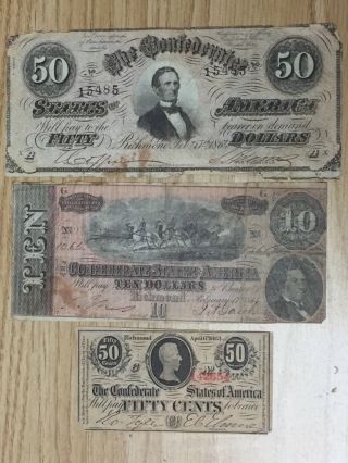 1864 $50 & 1864 $10 & 1863 50¢ The Confederate States Of America.  3 Notes