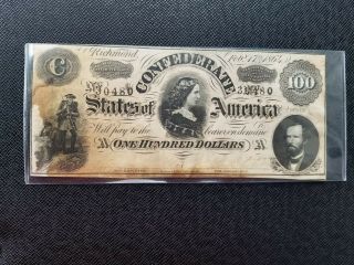 1864 Confederate States Of America $100 Richmond Note T - 65