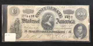 1864 Confederate States Of America Richmond C Note $100 Bank Note Currency