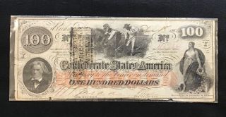 1862 Confederate States Of America Richmond $100 Bank Note Currency