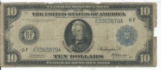 1914 $10 Large Size Blue Seal Federal Reserve Banknote Jackson Type A F3363879a