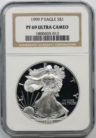 1999 - P Silver Eagle Dollar $1 Ngc Pf 69 Ultra Cameo 1 Oz Fine Silver