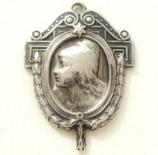 PORTRAIT FRENCH MARIANNE LADY - MOST ANTIQUE SILVER ART MEDAL PENDANT 2