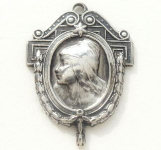 PORTRAIT FRENCH MARIANNE LADY - MOST ANTIQUE SILVER ART MEDAL PENDANT 3