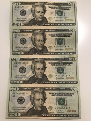 2003 A Us $20 Twenty Dollar Uncut Sheet Of 4 Federal Reserve Bank Notes