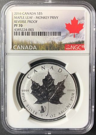 2016 Canada Silver $5 Maple Leaf - Monkey Privy Ngc Reverse Proof Pf70