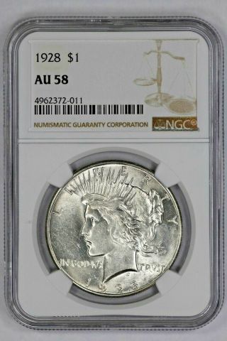 1928 Peace Silver Dollar $1 Ngc Certified Au 58 About Uncirculated (011)