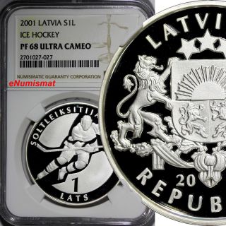 Latvia Silver Proof 2001 1 Lats Ngc Pf68 Ultra Cameo Ice Hockey 1 Year Km 50