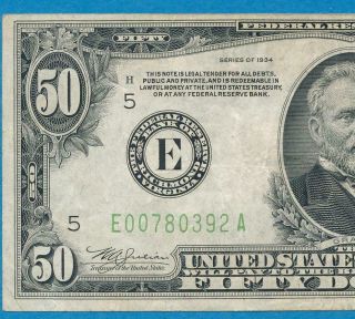 $50.  1934 Scarce Richmond District Lime Green Seal Federal Reserve Note