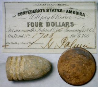 1861 Confederate $4 Csa Intrest Note,  Civil War Bullet,  1864 Two Cent Coin Nr