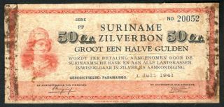 1941 Suriname 1/2 Gulden Note.
