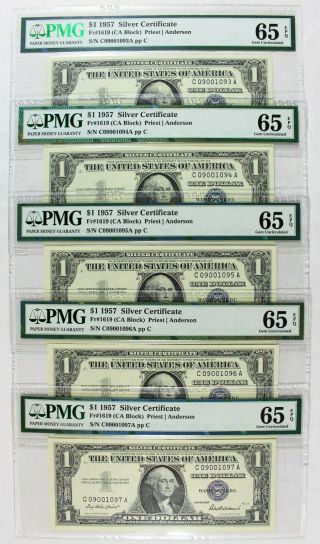 [5] Consecutive Serial Numbers Pmg 65 Epq 1957 $1 Silver Certificate Notes