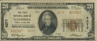 1929 National Bank Of Gastonia Nc $20 National Currency Note Ch 4377