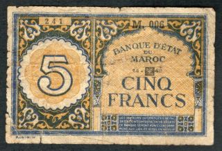 1943 Morocco 5 Francs Note.