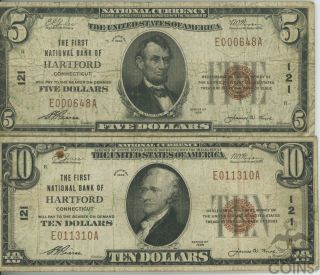 Set Of 2: 1929 National Bank Of Hartford Ct $10 & $5 National Note Ch 121