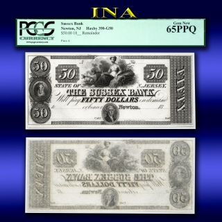 Jersey Newton Sussex Bank $50 Obsolete Currency Gem Crisp Unc Pcgs 65 Ppq