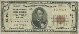 1929 The Bank Of American National Association Of York $5 Note Ch.  13193