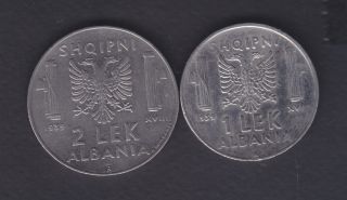 1939,  Albania.  Albanian 1,  2 Leke.  Italy Italian Occupation Coins.  185