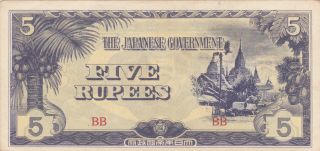 5 Rupees Extra Fine Banknote From Japanese Occupied Burma 1942 Pick - 15