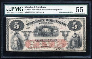 1862 $5 Somerset & Worcester Sav.  Bank Salisbury,  Md Obsolete Pmg Au - 55