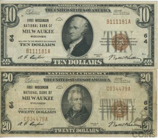 Set Of 2: 1929 National Bank Of Milwaukee Wi $20 & $10 Notes Ch.  64