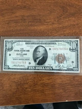 Federal Reserve Bank Of Cleveland $10.  00 Note