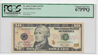 7/8 Serial Number 2009 $10 Federal Reserve Note Pcgs 67ppq