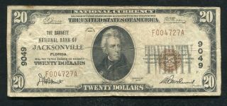 1929 $20 The Barnett Nb Of Jacksonville,  Fl National Currency Ch.  9049 (b)