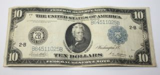 1913 Us $10 Ten Dollar Federal Reserve Blue Seal Large Currency Note York