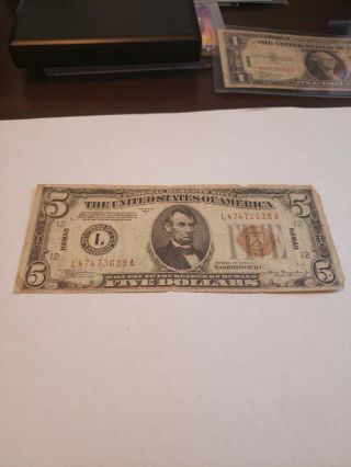 1934 A $5 Five Dollars Hawaii Wwii Emergency Brown Seal Federal Reserve Note