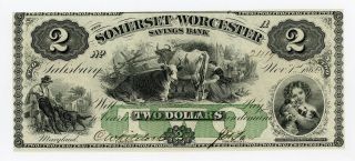 1862 $2 The Somerset And Worcester Savings Bank - Maryland Note Civil War Era Cu