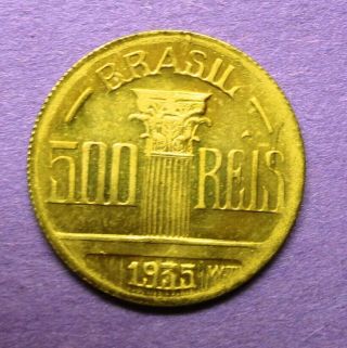 1935 Brazil 500 Reis Uncirculated,  Diego Antonio Feijo,  Aluminum - Bronze K - 54 4