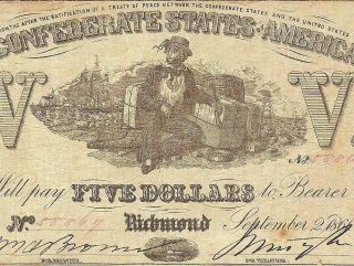1861 $5 Dollar Confederate States Currency Civil War Note Old Paper Money T - 37