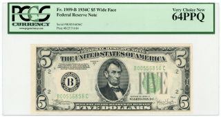 1934 - C Fr.  1959 - B (wide) $5 U.  S.  (york) Federal Reserve Note - Pcgs 64 Ppq